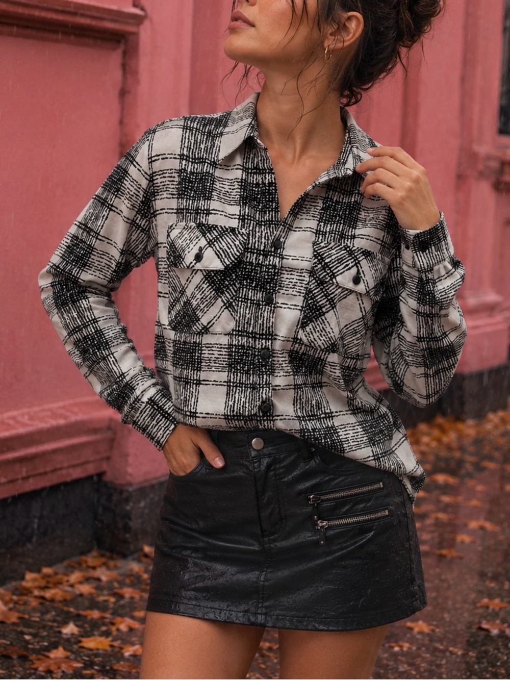 Studio Works Black & White Plaid Button-Down Shirt – Size S Excellent Condition